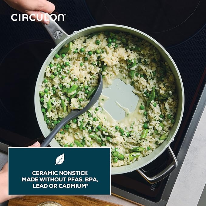 Circulon Halo with LaserDefense Ceramic Nonstick Saute Pan with Helper Handle and Lid, Made without PFAS, Compatible with All Stovetops, Dishwasher and Oven Safe, 5 Quart Multipurpose Pan - Sage