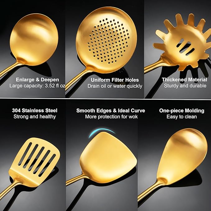 Gold Kitchen Utensils Set with Wooden Handle, 6 PCS Professional Stainless Steel Cooking Utensils Set, Wok Spatula, Ladle, Skimmer, Slotted Spatula Turner, Spaghetti Spoon, Large Spoon