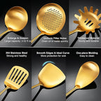 Gold Kitchen Utensils Set, 9 PCS Stainless Steel Cooking Utensils with Wood Handle, Solid and Slotted Spoon, Fork, Spatula, Ladle, Skimmer, Slotted Tunner, Spaghetti and Large Spoon