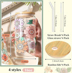 Mumufy 4 Pack Gift for Women Bohemian Flower Cute Glass Cup Tumbler Boho Floral Iced Coffee Mugs 16 oz Glass with Bamboo Lid & Straw, Mothers Day Birthday Gift for Mom Sister Bridesmaid Baby Shower