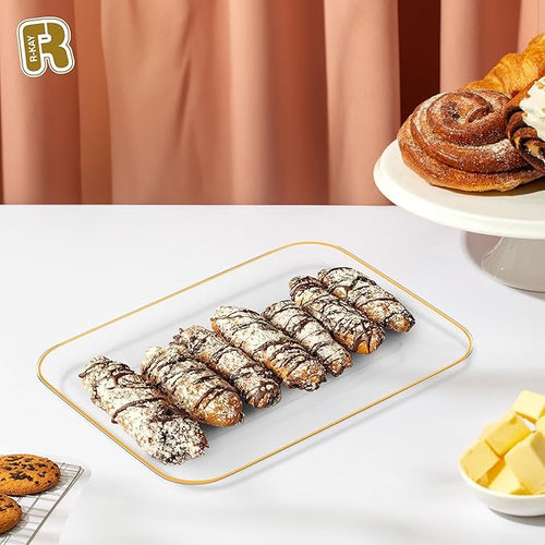 3 Pack Plastic Serving Trays for Party - Gold Serving Tray 8 x 11 Inch - Heavy Duty Dessert Trays for Food - Rectangular Party Serving Trays for Entertaining - Clear Cookie Platters