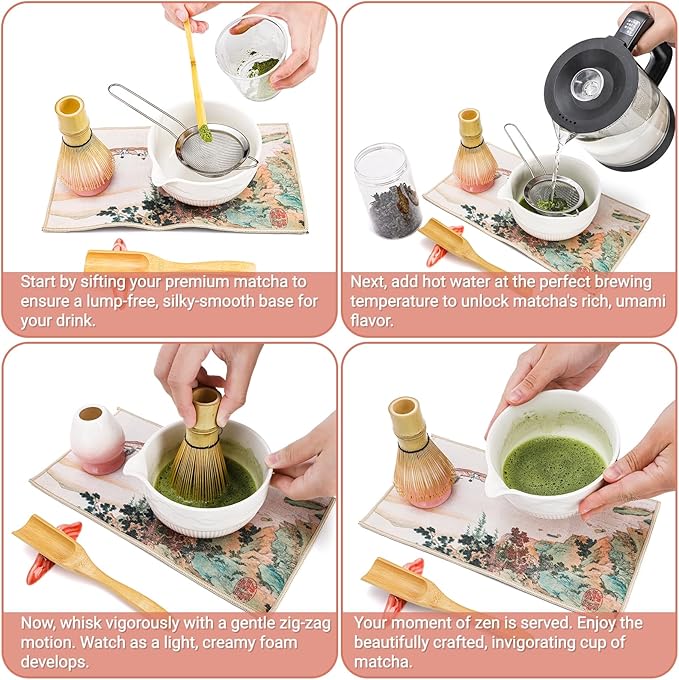 8 Pack Matcha Whisk Set, Japanese Matcha Tea Set, Ceramic Mixing Bowl with Spout, Bamboo Measuring Spoon and Scoop Stand, Towel, Whisk Holder, Stainless Sifter, Gift for Beginner, Tea Ceremony