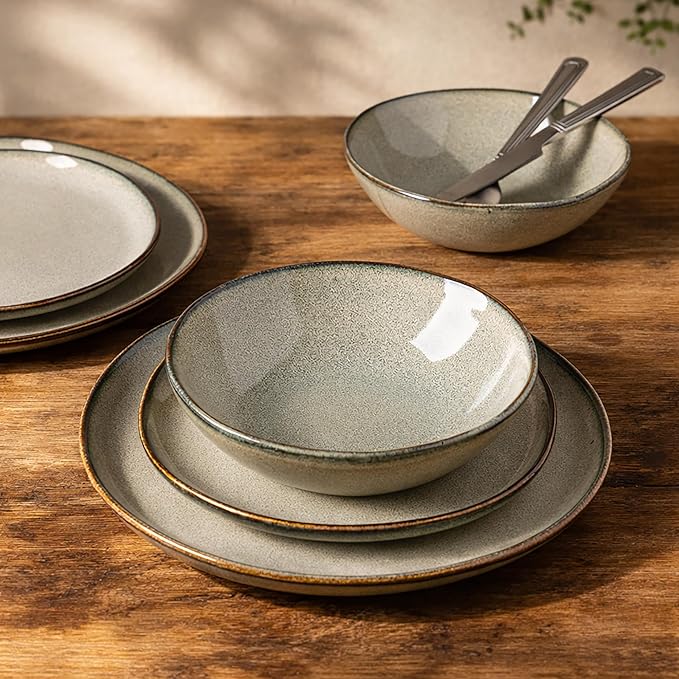 GBHOME Stoneware Dinnerware Sets for 8, 24 Pieces Rustic Ceramic Plates and Bowls Set, Handmade Reactive Glaze Plate Sets, Highly Chip Resistant Dishes, Microwave & Dishwasher Safe, Green Wheat