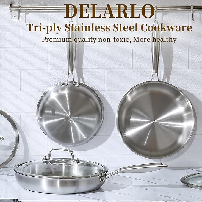 DELARLO Tri-Ply Stainless Steel Pan, 18/10 Frying Pan, Oven Safe Up to 600°F, Nontoxic Cookware, Compatible with All Cooktops Skillet, Durable, Fast Even Heat Fry Pan,10inch Steel Pan with Glass Lids
