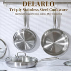DELARLO Tri-Ply Stainless Steel Pan, 18/10 Frying Pan, Oven Safe Up to 600°F, Nontoxic Cookware, Compatible with All Cooktops Skillet, Durable, Fast Even Heat Fry Pan,10inch Steel Pan with Glass Lids