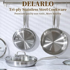 DELARLO Tri-Ply Stainless Steel Pan, 18/10 Frying Pan, Oven Safe Up to 600°F, Nontoxic Cookware, Compatible with All Cooktops Skillet, Durable, Fast Even Heat Fry Pan,9" Pan with Lid