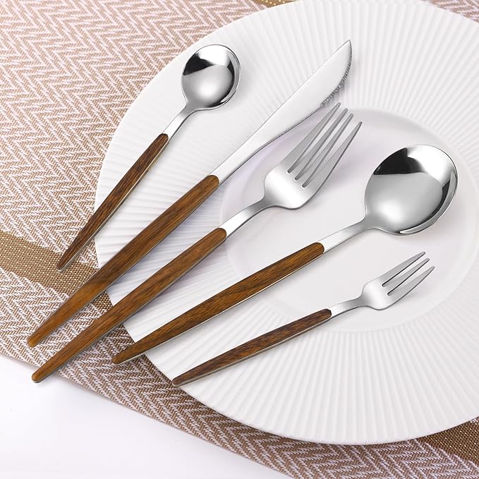 20-Piece Silverware Set with Cake Fork, Stainless Steel Flatware Cutlery Set for 4, Tableware Eating Utensils Set with Wooden effect Handle, Include Knife Fork Spoon, Mirror Finish, Dishwasher Safe