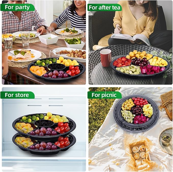 10 Pcs Plastic Appetizer Serving Tray with Lid Round 12.5 Inch with Lid Disposable Serving Fruit Veggie Catering Tray with 6 Divided Compartment for Fruit Snack Veggie Party