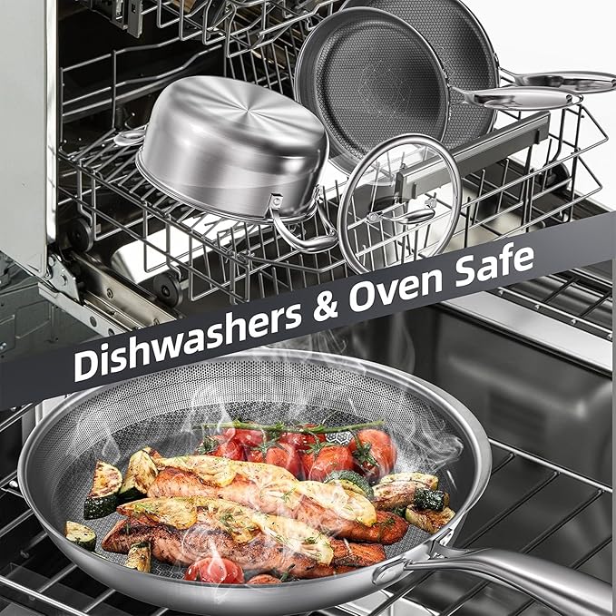 COOKER KING 10-Inch Stainless Steel Pan, Hybrid Nonstick Frying Pan, Skillet, 3-Ply Clad Cookware, Even Heat Distribution, Dishwasher & Oven Safe, with Stay-Cool Handle, Induction Compatible