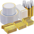 Goodluck 700 Pieces Gold Dinnerware Set for 100 Guests, Disposable for Party, Include: 100 Gold Rim Dinner Plates, 100 Dessert Plates, 100 Paper Napkins, 100 Cups, 100 Plastic Silverware Set