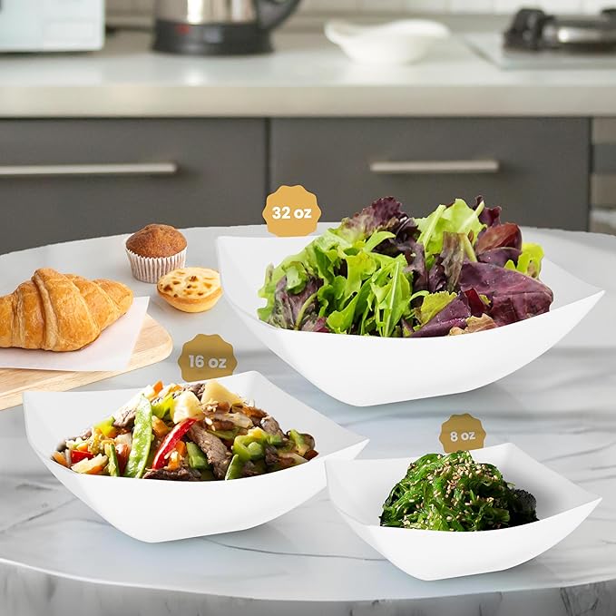 R-kay 6 Pack Square Plastic Serving Bowls - White Small Plastic bowls 8 oz, Premium White Bowls For Weddings Catering And Birthday parties
