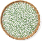 Round Rattan Tray with Mother of Pearl Inlay, Decorative Wicker Serving Tray with Wooden Base, Woven Basket Trays for Bread Fruits Coffee, Leaf