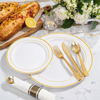 WELLIFE 350Pcs Gold Plastic Plates for 50 Guests - Plastic Dinnerware Set, Includes 100 Party Plates,150 Gold Silverware Disposable,50 Napkins,50 Cups,Disposable Plates for Party and Wedding