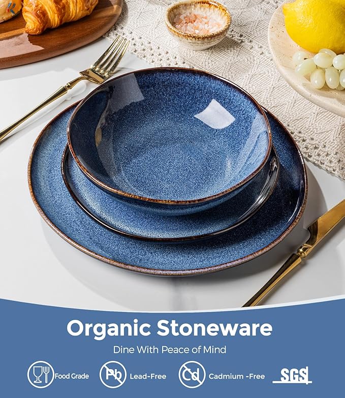 GBHOME Stoneware Dinnerware Sets for 8, 24 Pieces Rustic Ceramic Plates and Bowls Set, Handmade Reactive Glaze Plate Sets, Highly Chip Resistant Dishes, Microwave & Dishwasher Safe, Sea Blue