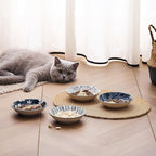 Ceramic Cat Bowls Set of 4, Vintage Blue and White Pet Dog Bowl for Food & Water, 5.5 in Small Kitten Wide Shallow Dishes for Indoor Cats