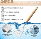 Silicone Cooking Utensils Set, 43Pcs Non-Stick Heat Resistant Kitchen Utensils Spatula Set with Wooden Handle for Baking, Cooking, and Mixing, Best Kitchen Gadgets Tools with Holder (White)