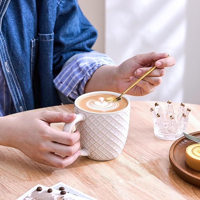 14 oz Grid Embossed Ceramic Coffee Mugs Set of 4 - White Ceramic Coffee Cups with Handle for Cappuccino Latte Tea - Dishwasher Microwave Safe Stoneware Mugs Set Housewarming Gift