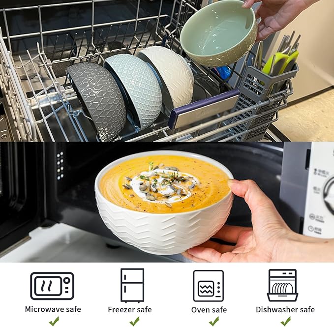 HASENSE Ceramic Cereal Bowls Set of 4, 26 Oz Embossed Soup Bowls for Kitchen, Modern Cereal Bowls, Microwave & Dishwasher Safe, Stackable Serving Bowls for Salad, Pasta, Oatmeal, Fruit, Green