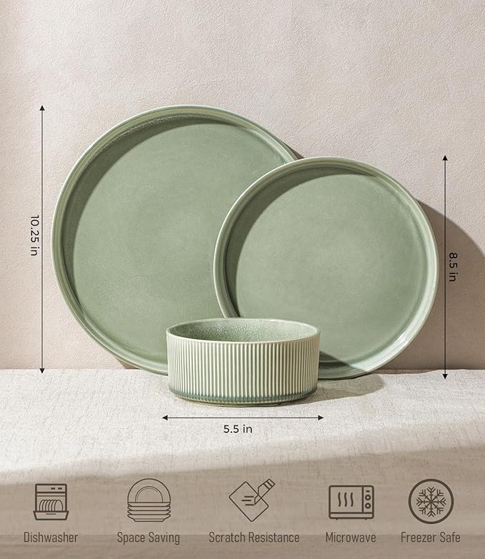 GBHOME 18-Piece Stoneware Dinnerware Set for 6 – Ribbed Ceramic Plates and Bowls, Scratch-Resistant, Microwave & Dishwasher Safe, Reactive Glaze, Light Green
