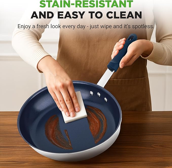 NutriChef f 12" Large Fry Pan - Large Skillet Nonstick Frying Pan with Silicone Handle, Ceramic Coating, Blue Silicone Handle, Stain-Resistant, And Easy To Clean, Professional Home Cookware