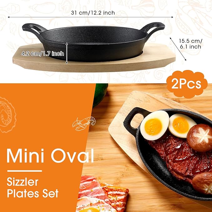 Mifoci 2 Pcs Mini Cast Iron Skillet with Wooden Base Small Cast Iron Fajita Plates Baker's Skillet Matte Black Pan Pot for Kitchen Restaurant Barbecue Dinner (8.5 x 6.1 x 1.7 Inches)