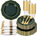 Liacere 350PCS Green Plastic Plates - Dark Green Disposable Plates With Gold Rim - 50Guest Baroque Plastic Dinnerware include 100Plates-50Pcs Pre Rolled Napkins with Silverware 50Cups for Party