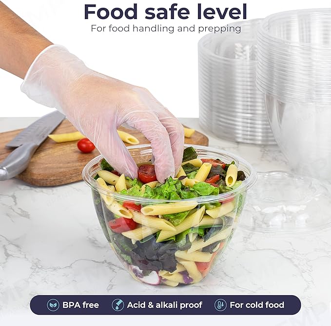 Fit Meal Prep 150 Pack 48 oz Disposable Plastic Clear Salad Bowls with Airtight Lids - To Go for Lunch, Takeout, Party, Catering, Picnic