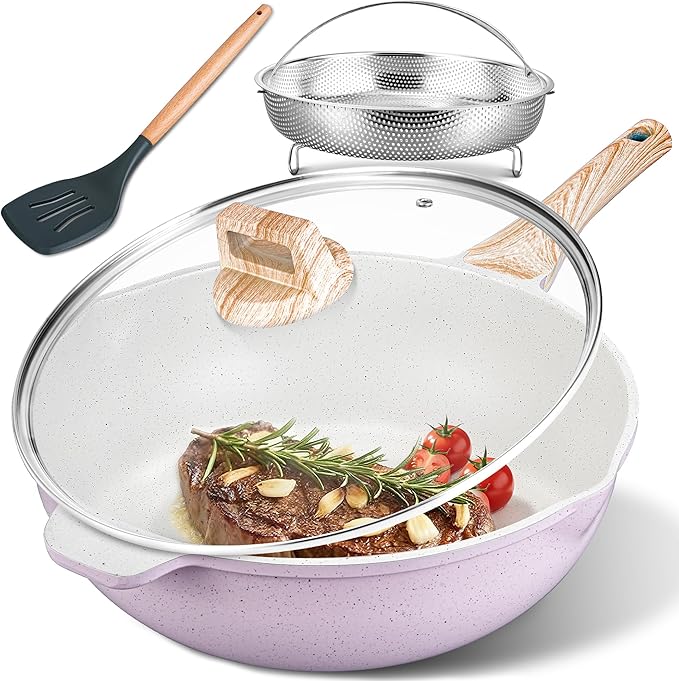 AOSION 12 Inch Nonstick Ceramic Deep Frying Pan Skille with Lid,5.5QT Sauté Pan for Cooking with Steam Rack,Healthy Large Skillet,Stay Cool Handle, Induction Compatible, PFOA & PFAS Free. (PURPLE)