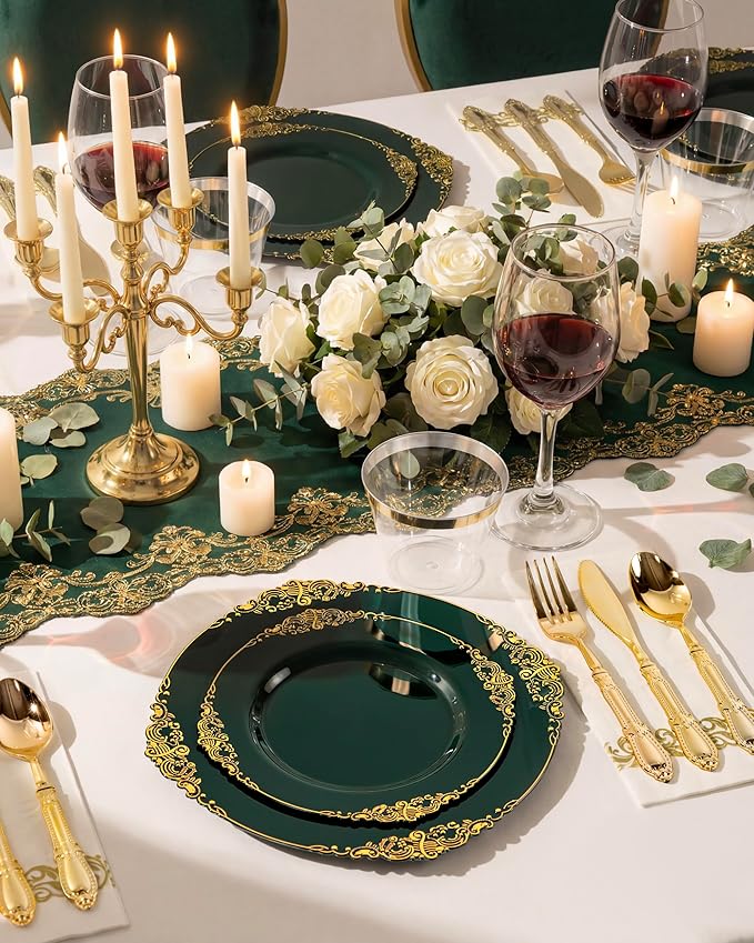 Morejoy 350 PCS Green Plastic Plates - Green Gold Plastic Dinnerware Set Include 50Dinner Plates, 50Dessert Plates 150Cutlery, 50Cups, 50Napkin Perfect for Party & Wedding