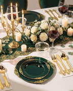 Morejoy 350 PCS Green Plastic Plates - Green Gold Plastic Dinnerware Set Include 50Dinner Plates, 50Dessert Plates 150Cutlery, 50Cups, 50Napkin Perfect for Party & Wedding