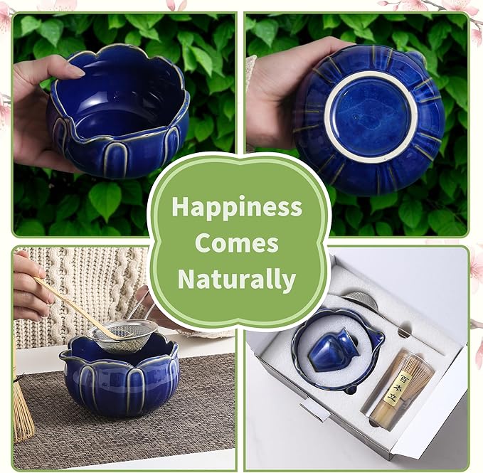 Matcha Whisk Set, Ceramic Matcha Set 8 Pcs, Matcha Kit Set Includes Matcha Bowl, Matcha Whisk and Holder, Bamboo Scoop and Rest, Sifter and Tea Towel, Ideal Gift for Family/Friend (Navy Blue)