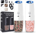 Rechargeable Electric Salt and Pepper Grinder set of 2, gravity electric salt and pepper grinder set, Adjustable Roughness, LED Light, 2 Pack, (White)