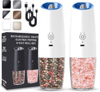Rechargeable Electric Salt and Pepper Grinder set of 2, gravity electric salt and pepper grinder set, Adjustable Roughness, LED Light, 2 Pack, (White)