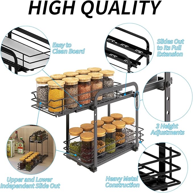 Spice Rack Organizer for Cabinet, 2 Tier Pull Out Spice Organizer for Cabinet Height Adjustable Heavy Duty Metal Basket for Inside Cabinets & Pantry Closet (5.5''Wx10.5''Dx9.5''H)