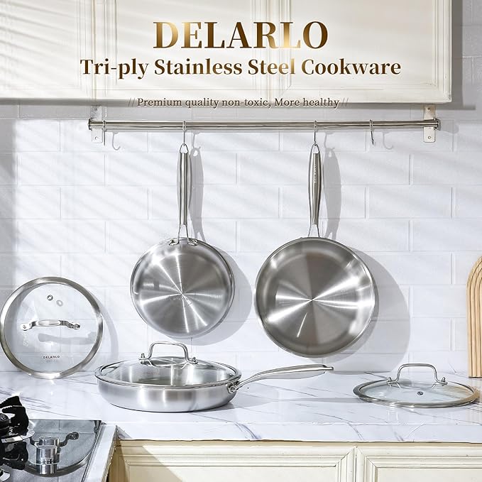 DELARLO Tri-Ply Stainless Steel Pan, 18/10 Frying Pan, Oven Safe Up to 600°F, Nontoxic Cookware, Compatible with All Cooktops Skillet, Durable, Fast Even Heat Fry Pan,8" 10" 12" with lids
