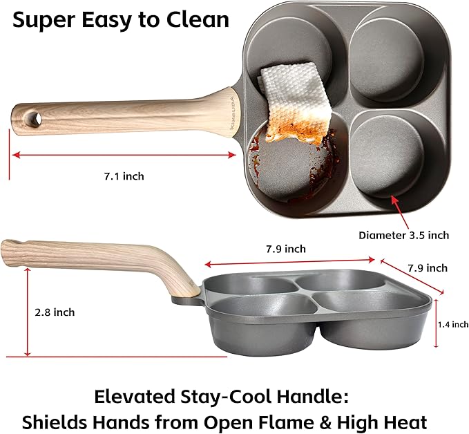 4-Cup 4-Hole Divided Titanium Nonstick Egg Pan, Induction Compatible 4-in-1 Breakfast Skillet for Pancakes, Burger Patties, Omelettes, PFOA-Free, Fast Heating, Dishwasher Safe