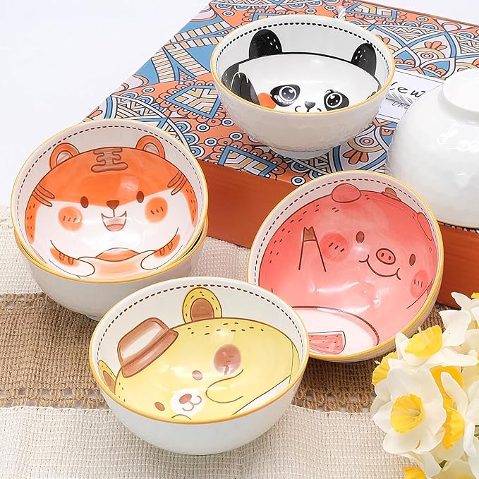 6 PCS Ceramic Rice Bowls, Cute Cartoon Small Dessert Bowl, Cereal Bowls Serving Bowl Gift Set, for Oatmeal, Ice Cream, Salads, Soups