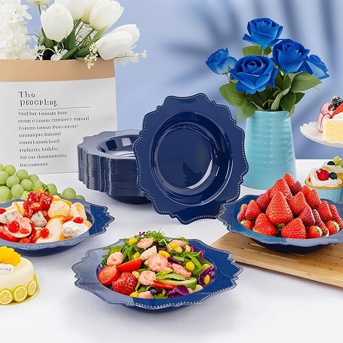 COLOSUS Navy Blue Plastic Party Bowls (60 Pack) 12 Oz Disposable Soup/Salad Bowl, Fancy Shatterproof Dinnerware for Catering, Holidays, Weddings, and Everyday Use