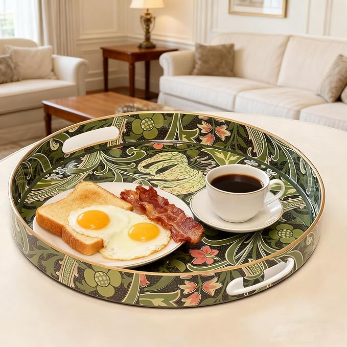 Round Serving Tray with Handles,Modern Ottoman Tray Coffee Table Tray,13 Inch Plastic Trays for Ottoman Coffee Table,Decorative Serving Trays for Living Room