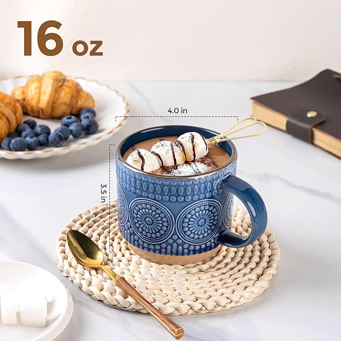 GBhome 16OZ Stackable Coffee Mugs, Ceramic Coffee Mugs with Texture Patterns for Man,Woman,Dad,Mom, Modern Coffee Mugs Set of 4 for Latte/Cappuccino/Cocoa. Dishwasher&Microwave Safe