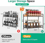 Spice Rack Organizer for Countertop with Wood Top, 2-Tier Foldable Metal Rust-Proof Standing Large Seasoning Storage Shelf with Guardrail & Mesh Design for Kitchen Cabinet Living Room, Black