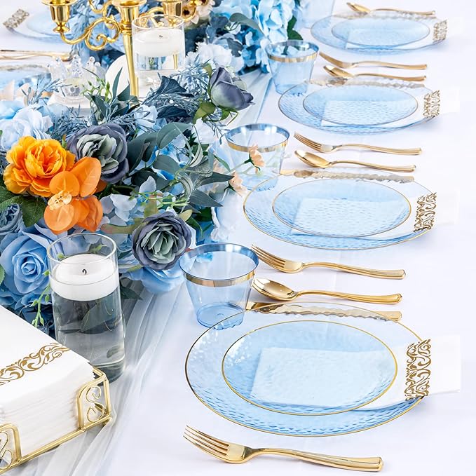 DaYammi 350PCS Clear Blue Gold Plastic Dinnerware Set for 50 Guests, Hammered Disposable Plates for Party, Include: 50 Dinner Plates, 50 Dessert Plates, 150 Gold Silverware, 50 Napkins, 50 Cups