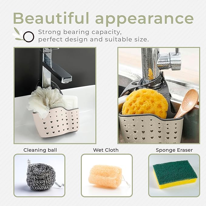 Sponge Holder for Kitchen Sink to Hang from the Faucet. Modern Adjustable Kitchen Sink Sponge Holder with Drain Holes For Drying.