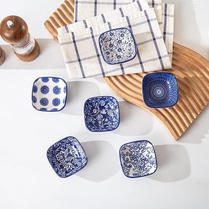 Square Dipping Bowls Set - Mini 2.6 OZ Ceramic Soy Sauce Dishes - 3 inch Small Bowls for Charcuterie, Condiments, Side Dish BBQ, Ramekins Pinch Bowls for Kitchen Prep - Set of 6 - Vintage Blue