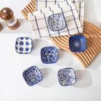 Square Dipping Bowls Set - Mini 2.6 OZ Ceramic Soy Sauce Dishes - 3 inch Small Bowls for Charcuterie, Condiments, Side Dish BBQ, Ramekins Pinch Bowls for Kitchen Prep - Set of 6 - Vintage Blue