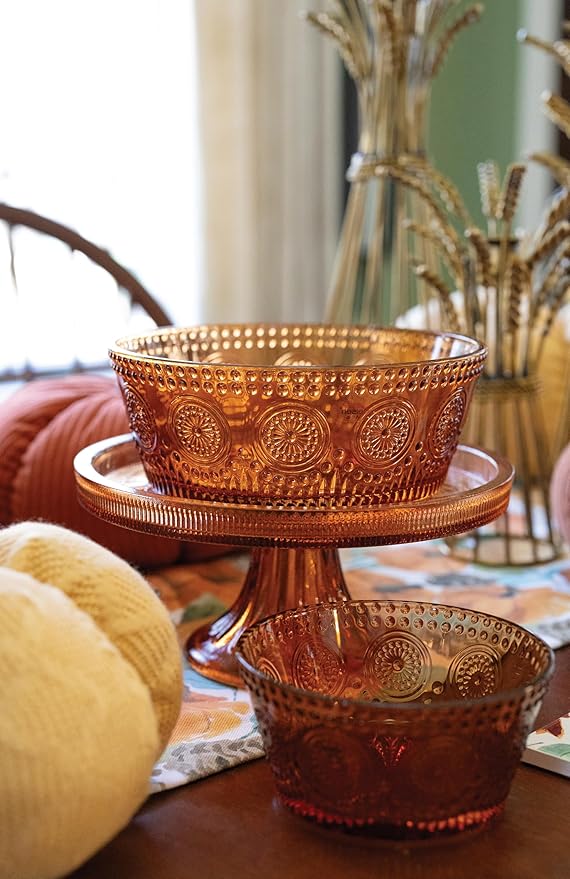 Boston International Vintage-Inspired Glass Serving Bowl with Embossed Floral Pattern for Salad Snacks Dinner, Small 4.75" x 2.25", Umber Codi