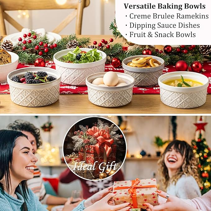 12 oz Ramekin Oven Safe, Creme Brulee Ramekins with Lids, Small White Ceramic Ramekin, Mini Baking Bowls with Cover Set of 4, Ramekins Assorted Sizes