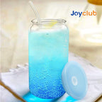 Joyclub 2pcs Glass Cups with Acrylic Lids and Straws 16 oz Can Shaped Glass Iced Coffee Cups with Lids and Straws, Cute Tumbler Cup Drinking Glasses for Smoothie Whiskey Boba Soda Tea Gift
