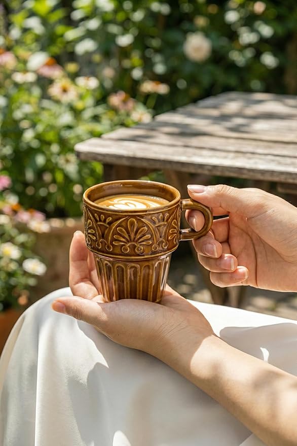 Espresso Cups Set of 6, Cappuccino Cups, Stackable Mug 6 OZ Ceramic Coffee Mug, Microwave & Dishwasher Safe, Tea Cocoa for Family Daily Use & Gathering, Great Gift for Any Special Occasion, Brown