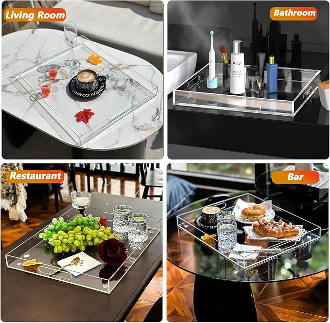 Extra Large Serving Tray with Handles, Acrylic Tray for Food, Drinks, Snacks and Appetizer, Rectangular Trays for Eating, Lucite & Coffee Table Trays, Acrylic Makeup Organizer 16" × 20"